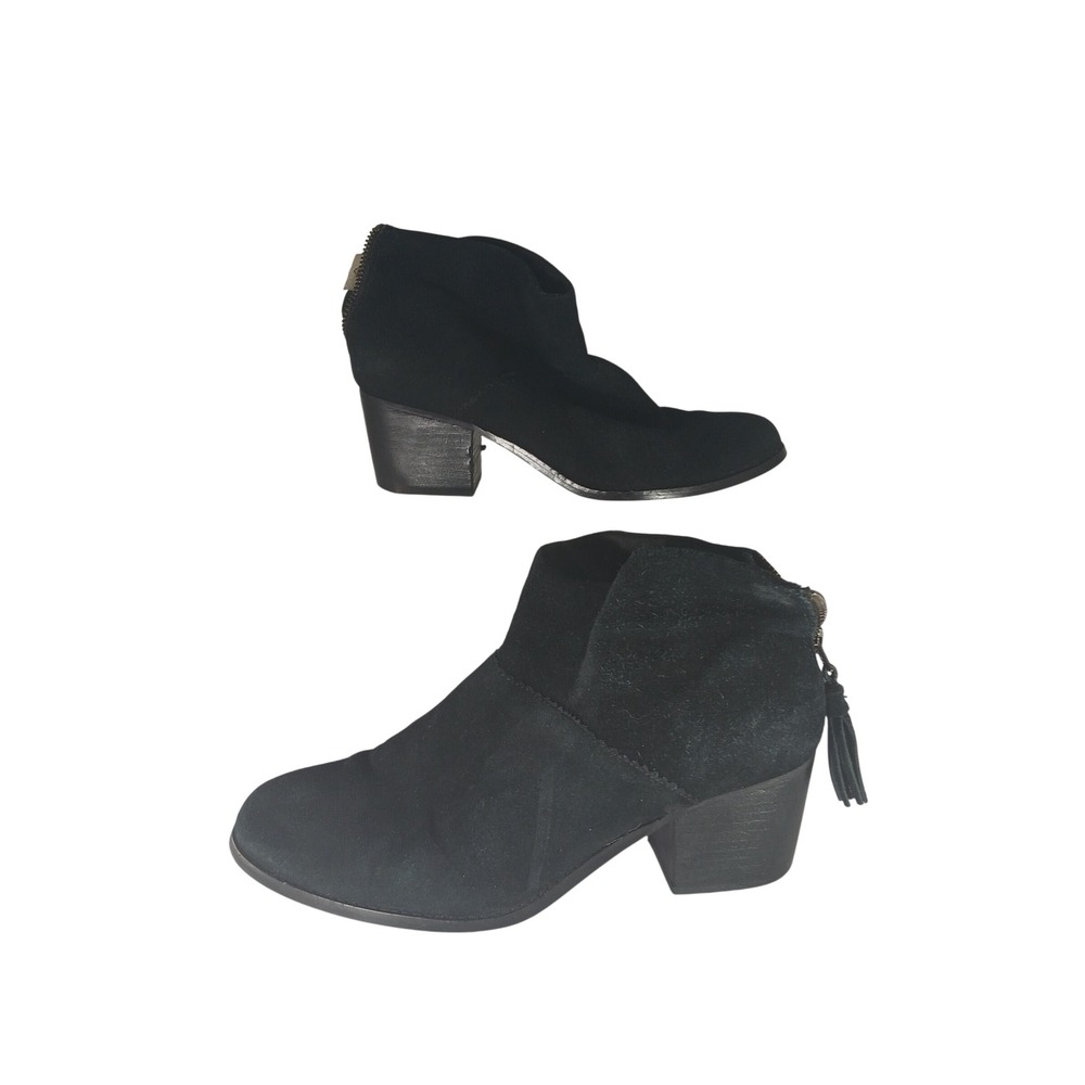 TOMS Lunatee Ankle Boots 8 Black Suede Tassel Zip Stacked Block Heel Boho Bootie